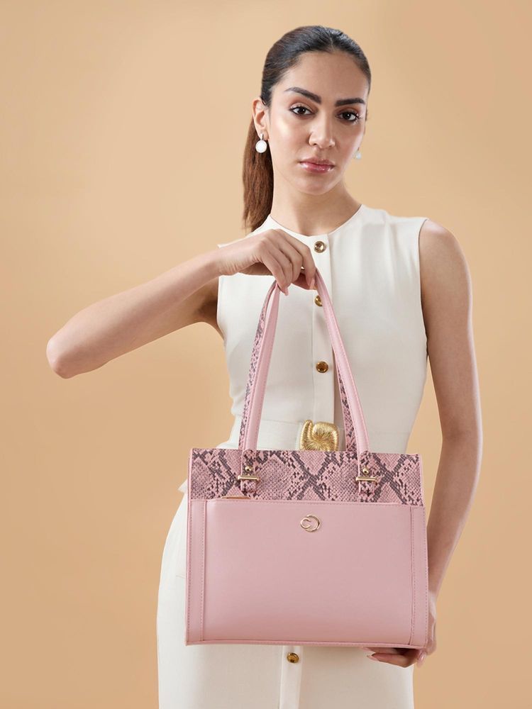 Caprese Women Bambi Pink Textured Satchel Bag with Detachable Strap-picture-38