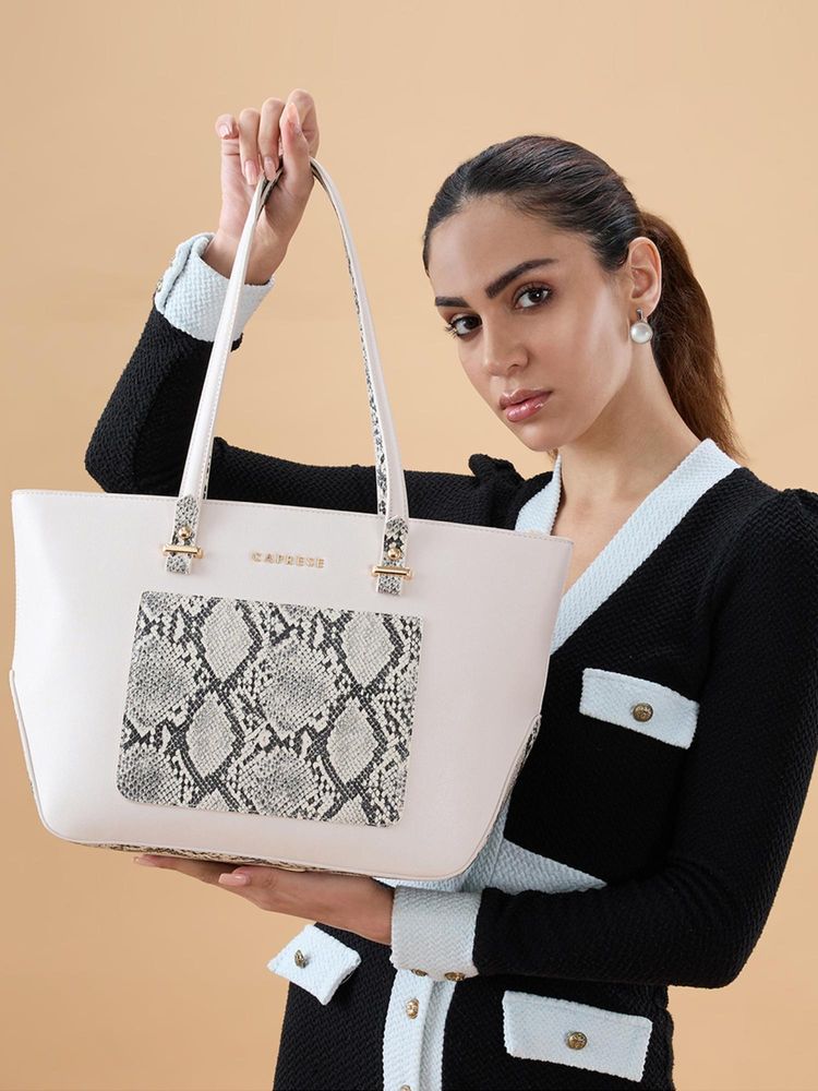 Caprese Women Bambi Beige Snake Textured Print Tote Bag-image-27