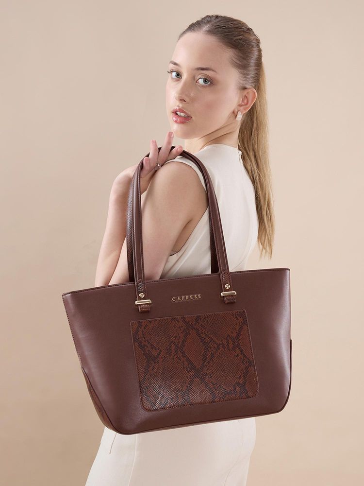 Caprese Women Bambi Brown Snake Textured Print Tote Bag-picture-39