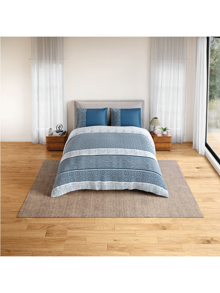 SPACES Blue Fiora Cotton 144 TC Percale Geometric Bedsheet with 2 Pillow Covers-image-40