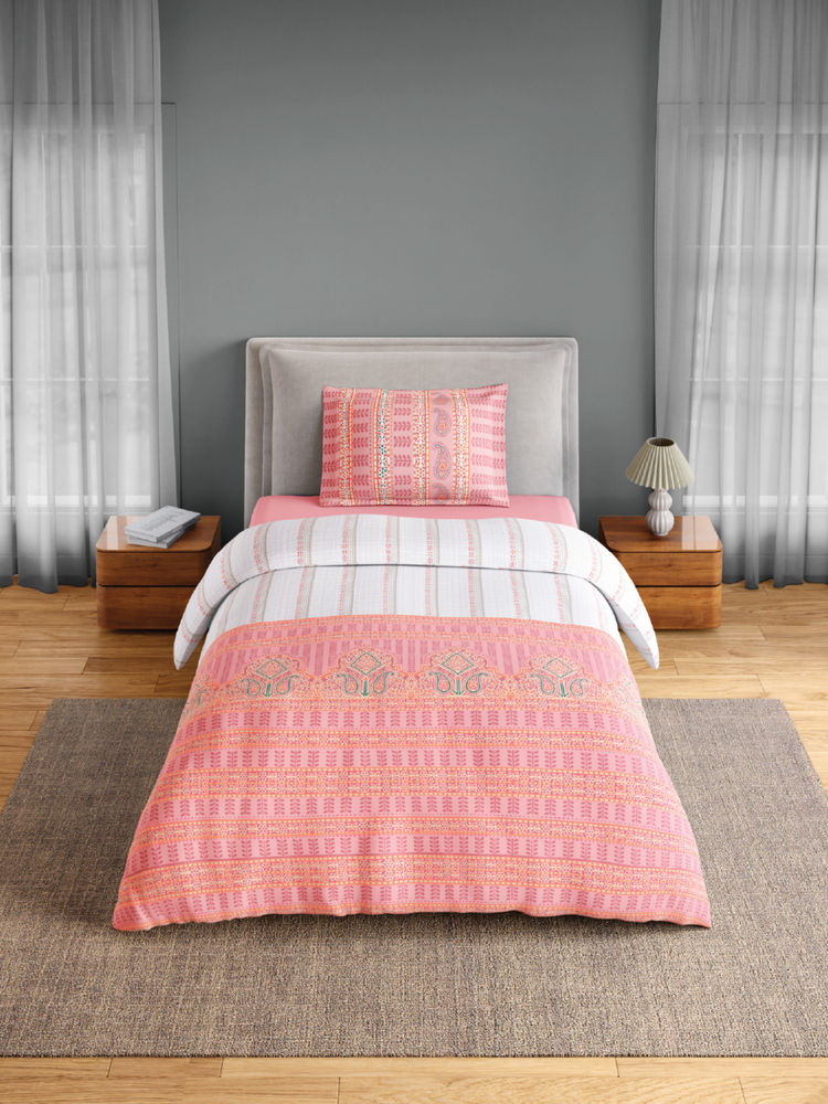 SPACES Pink Fiora Cotton 144 TC Percale Ornate Bedsheet with 1 Pillow Cover (Single)-image-18