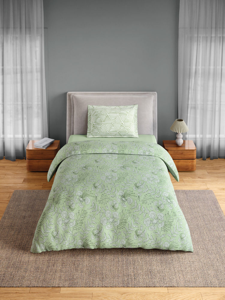 SPACES Green Fiora Cotton 144 TC Percale Bedsheet with 1 Pillow Cover (Single)-image-49