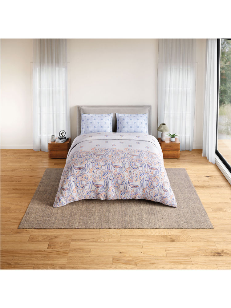 SPACES Beige Fiora Cotton 144 TC Percale Geometric Fitted Bedsheet with 2 Pillow Covers-image-39