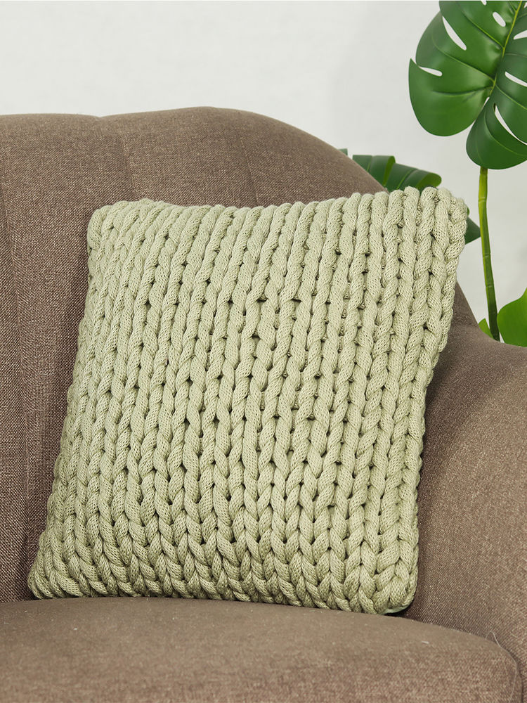 PLUCHI Rapunzel Pistachio Green Hand Braided Cotton Knitted Cushion Cover (16 x 16 Inches)-image-31