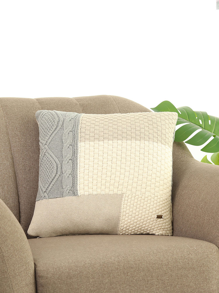 PLUCHI Beige Bold Knits Stone Cotton Knitted Cushion Cover (18 x 18 Inches)-image-28