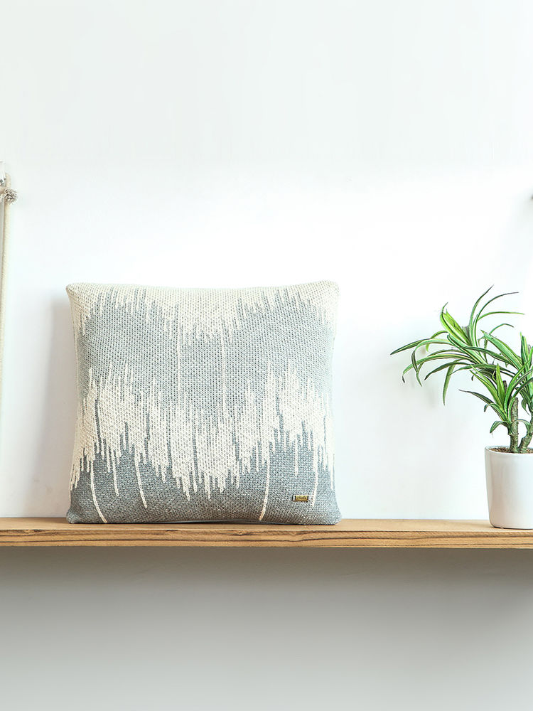 PLUCHI Wave Vanila Grey Melange Cotton Jacquard Cushion Cover (16 x 16 Inches)-image-23