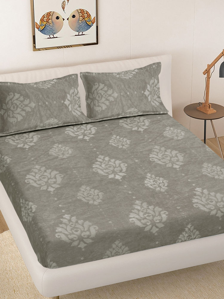 FABINALIV Grey Mouse Ethnic Embossed Bedsheet with 2 Pillow Covers (King)