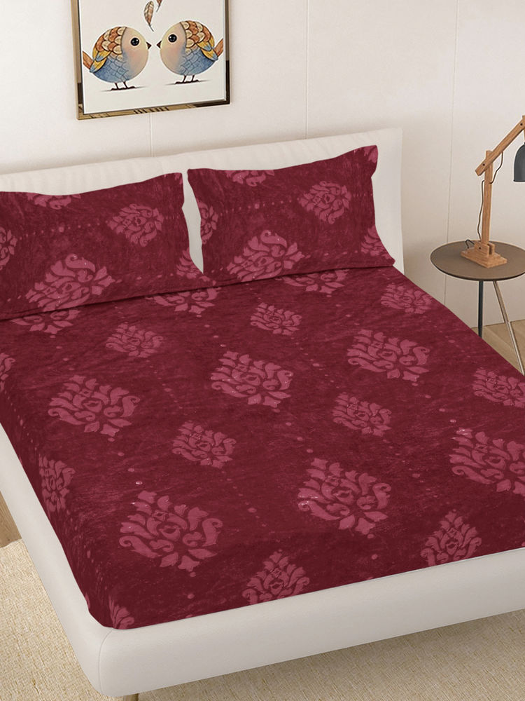 FABINALIV Maroon Ethnic Embossed Bedsheet with 2 Pillow Covers (King)-image-11