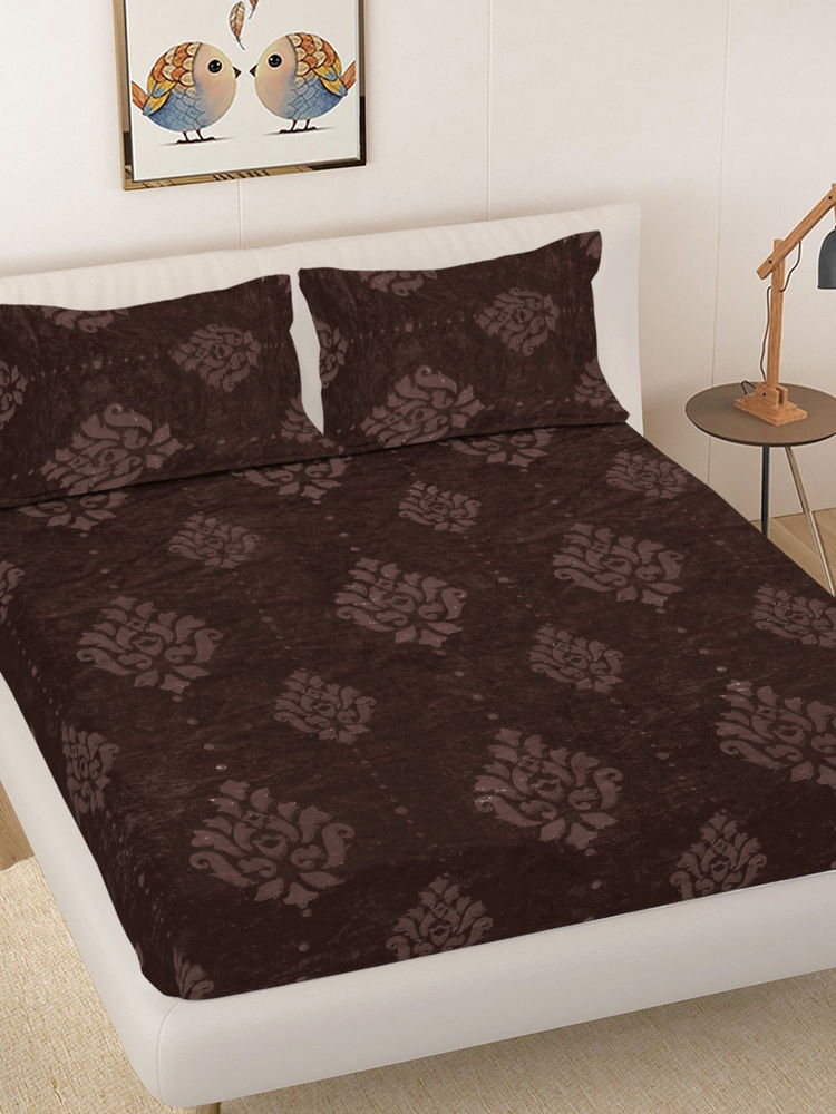 FABINALIV Coffee Brown Ethnic Embossed Bedsheet with 2 Pillow Covers (King)-image-48
