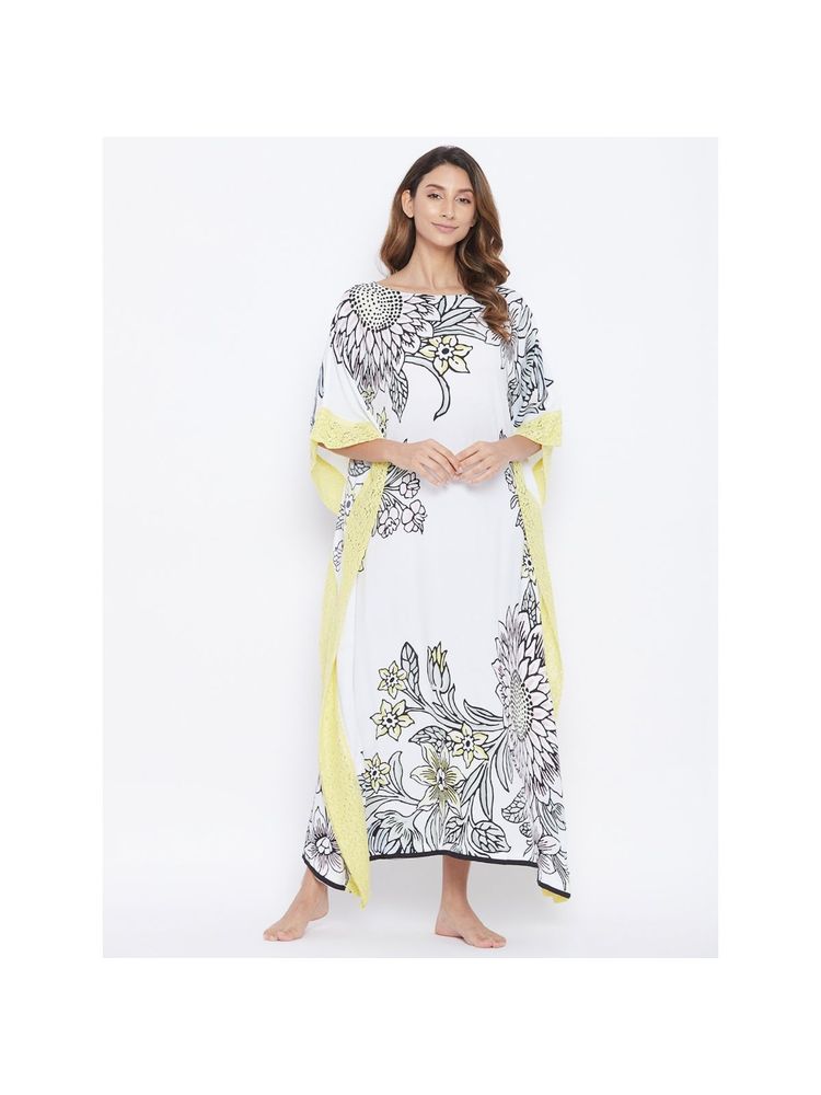 The Kaftan Company Printed Sunflowers And Lilies Resortwear Kaftan - White-image-20