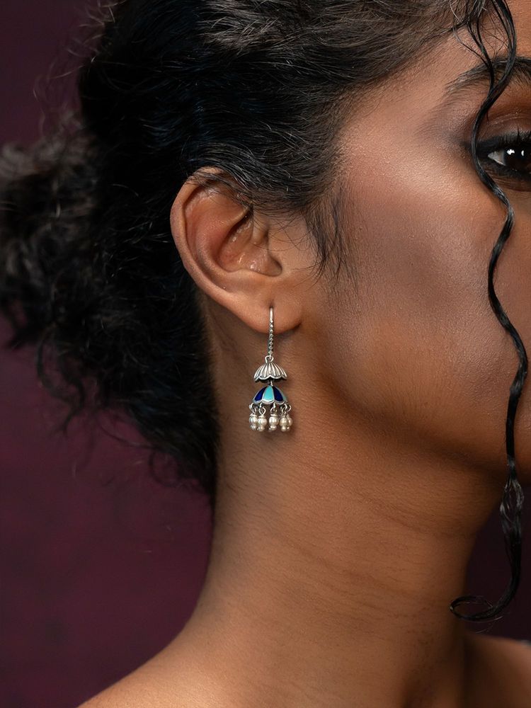 Shaya by CaratLane 925 Silver Swar Blue and Turquoise Jhumka Earrings-picture-14