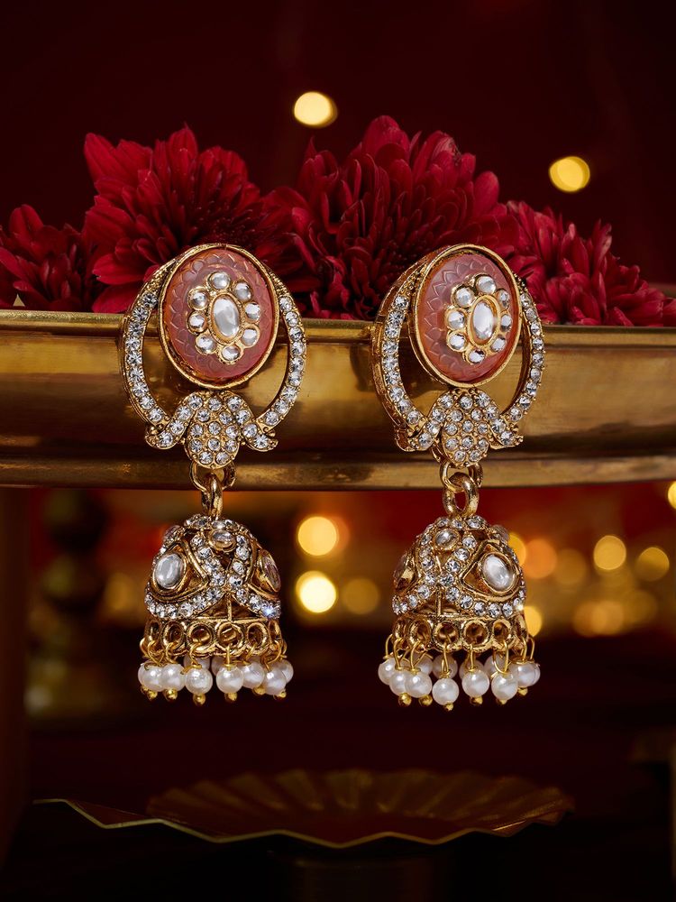 Zaveri Pearls Pink Stone Dazzling Austrian Diamonds Ethnic Jhumka Earrings-picture-50