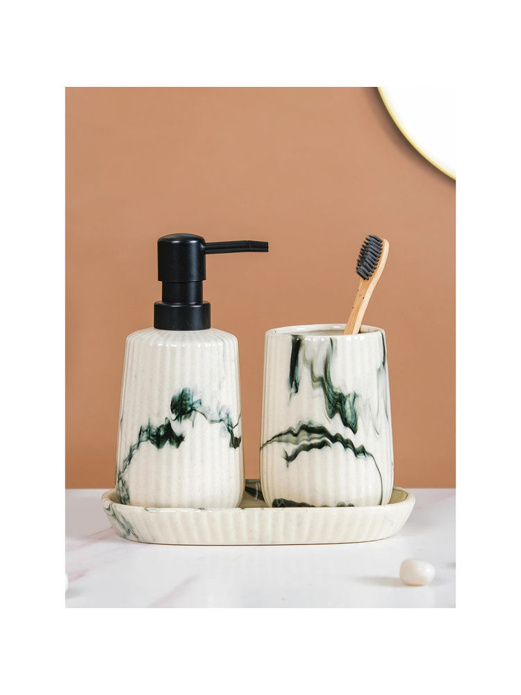 Nestasia Off-White & Green Set of 3 Ribbed Ceramic Bathroom Accessories Set-picture-10