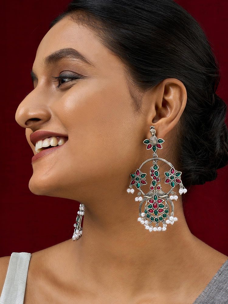 Teejh Mayi Silver Red and Green Danglers-image-43