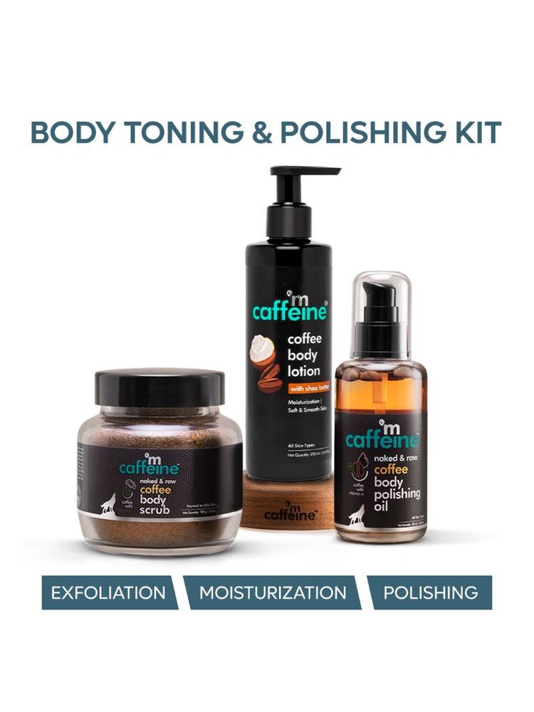 MCaffeine Body Toning & Polishing Kit- Coffee Body Massage Oil, Exfoliating Body Scrub & Body Lotion