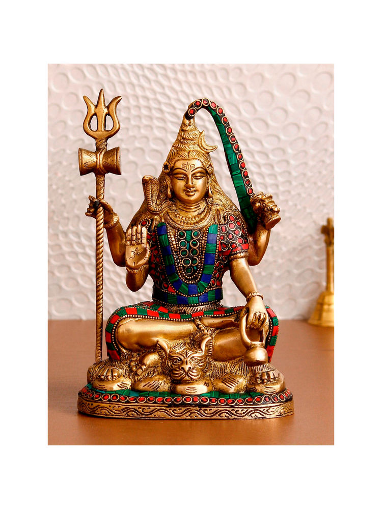 eCraftIndia Lord Shiva Idol Decorative Brass Figurine with Colorful Stone Work