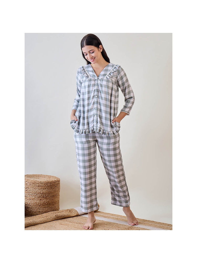 The Kaftan Company Green and White Checks Ruffled Cute Viscose Top with Pajama Lace Detail (Set of 2)-picture-22