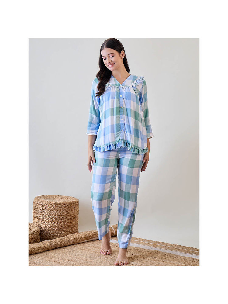 The Kaftan Company Blue and Green Checks Ruffled Cute Viscose Top with Pajama with Lace Detail (Set of 2-picture-39
