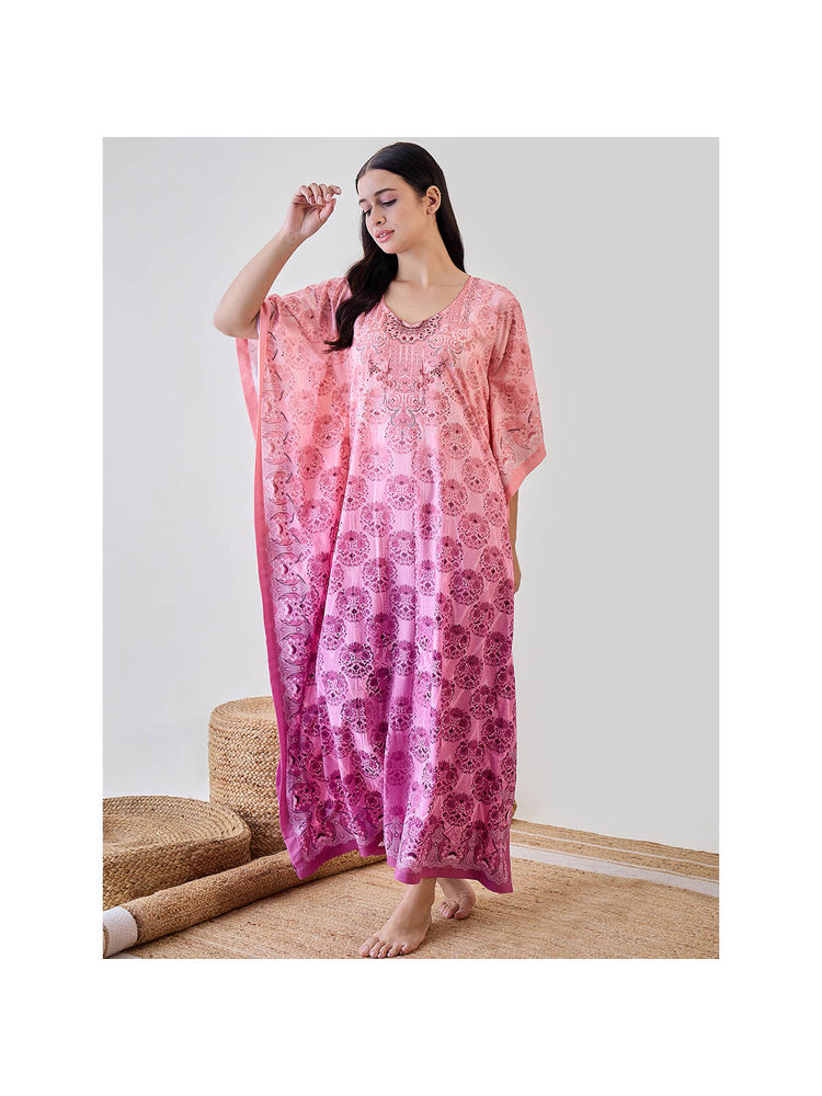 The Kaftan Company Peach Intricate Printed Crepe Kaftan Nightdress-image-30