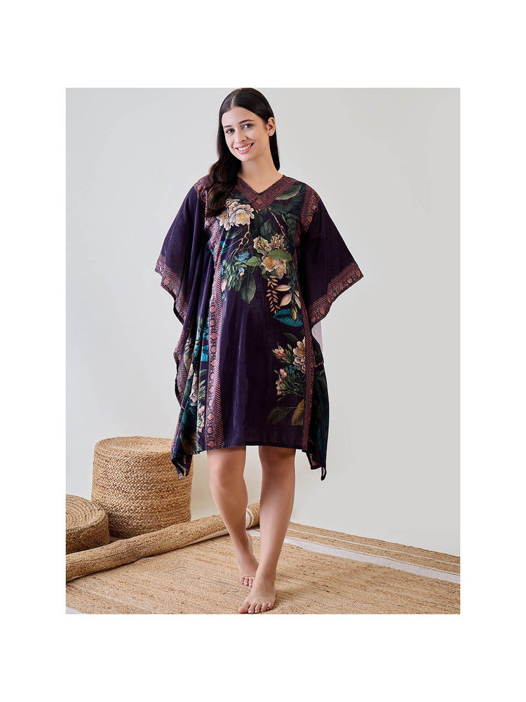 The Kaftan Company Blue Floral Garden Velvet Night Wear Kaftan-picture-22