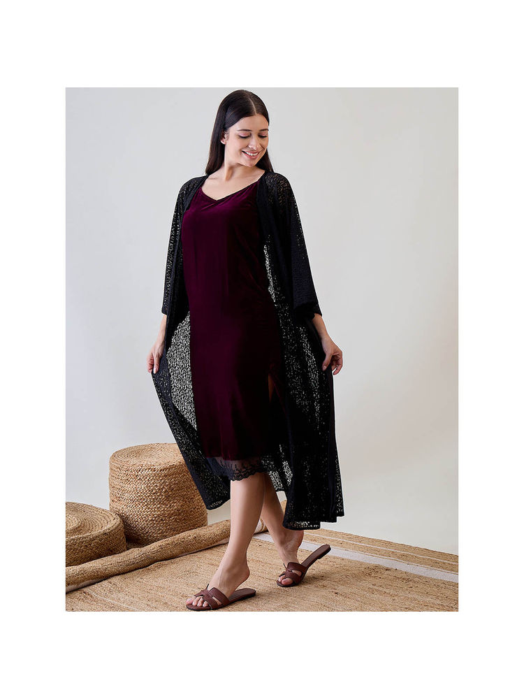 The Kaftan Company Black Delicate Lace Gown with Burgundy Velvet Slip-picture-23