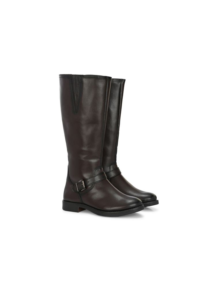 Delize Brown Women Vegan Leather Low Heel Knee Buckle Boots-picture-27