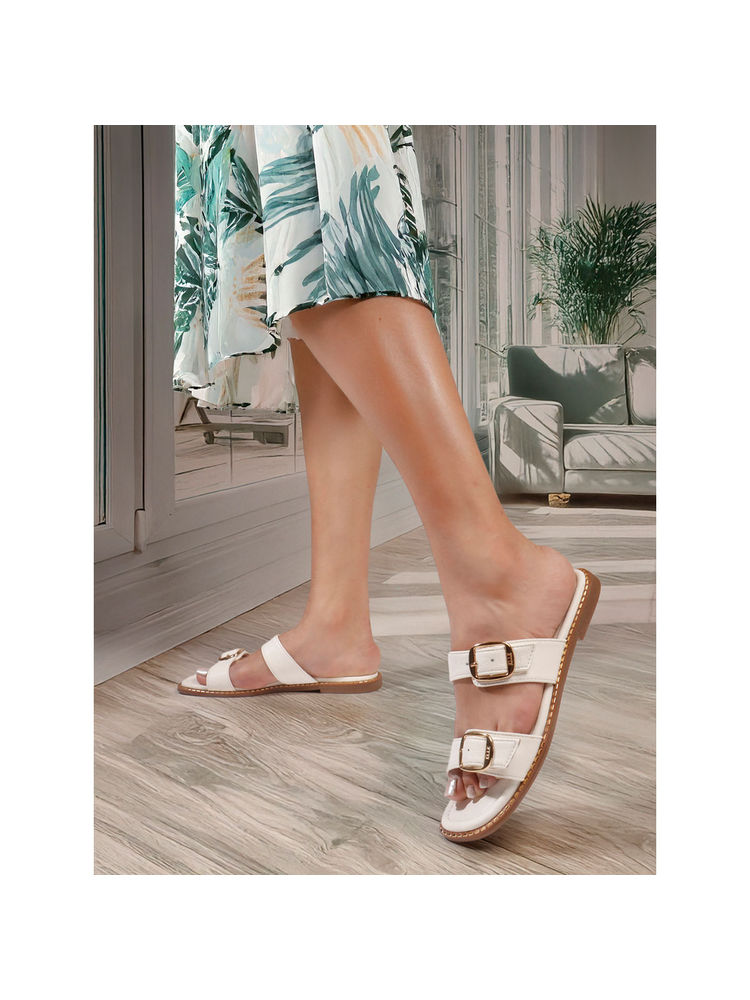 ELLE White Women's Double-Strap Buckle Flats-picture-13