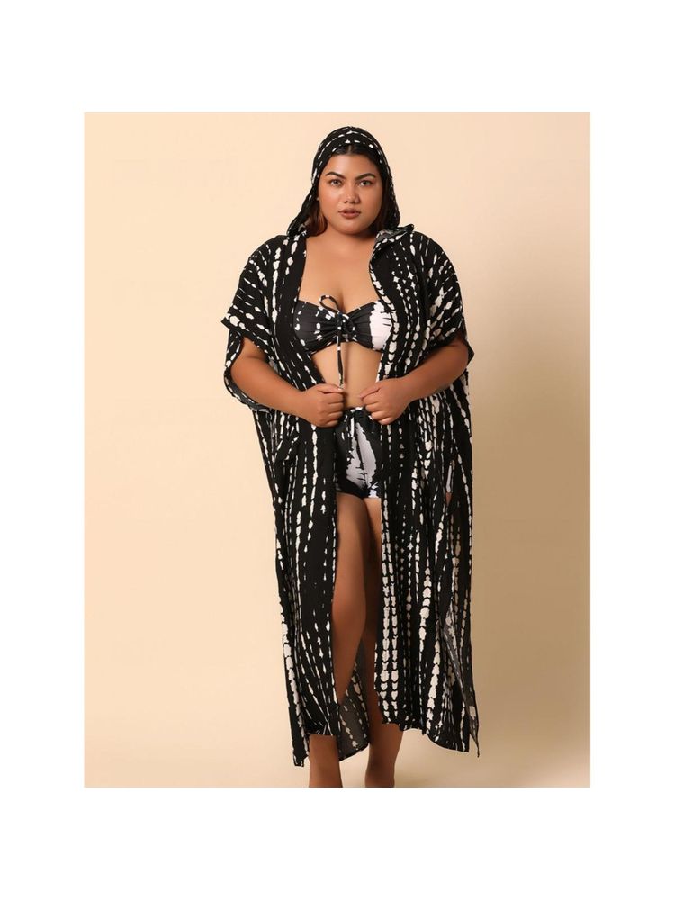 WomanLikeU Printed Hooded Longline Cover-Up Shrug with Belt-image-5