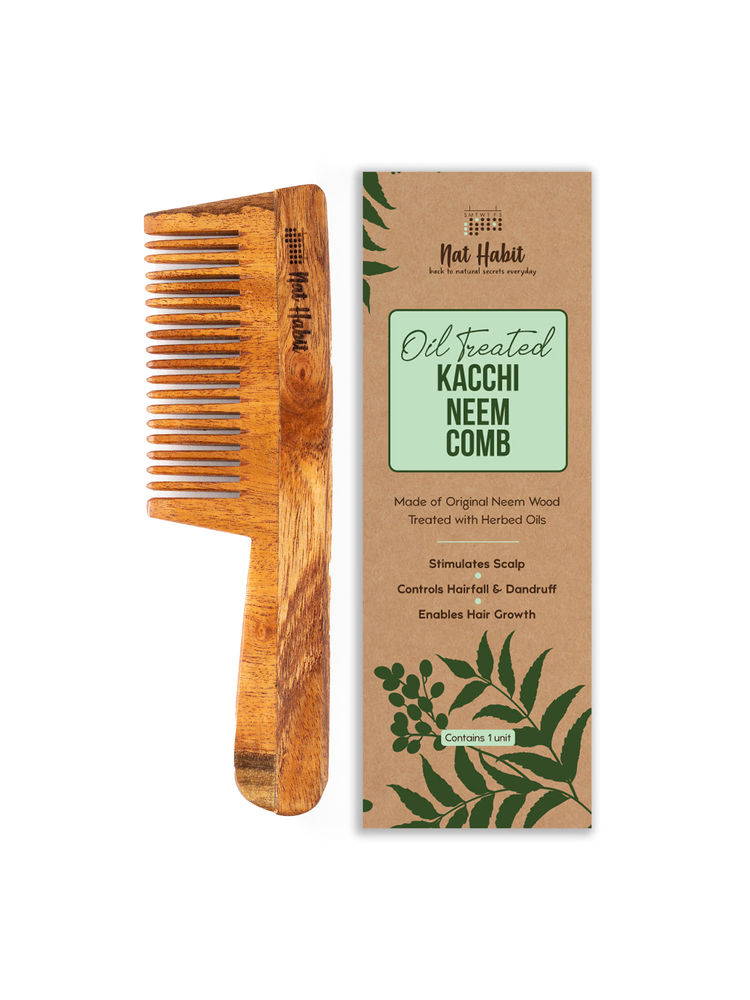Nat Habit Oil Treated Kacchi Neem Ayurvedic Wooden Comb - Fine Tooth for Frizz Control & Shine