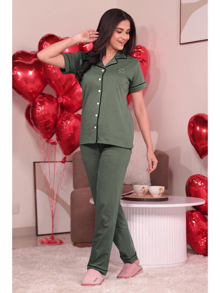 NAP STORY Olive Solid Half Sleeve Shirt And Pyjama-picture-15