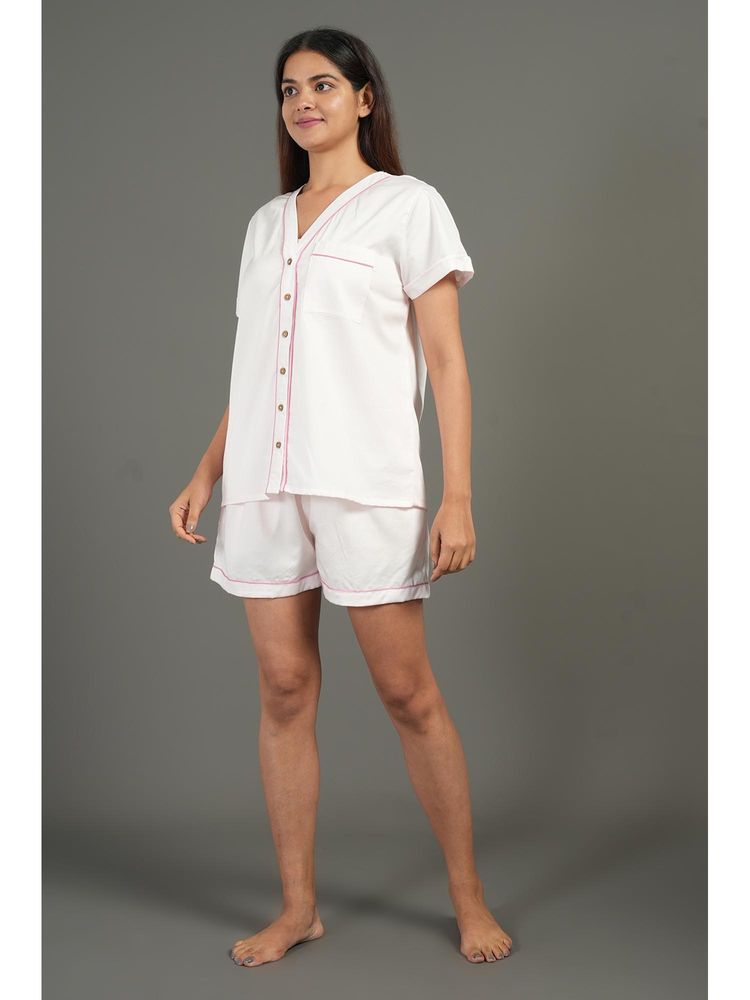 BREATH:ABLES Women Cotton Co-Ord Set Night Wear White-image-6