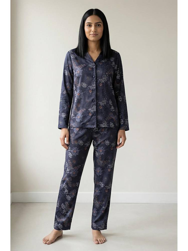 Zivame Knit Cotton Nightsuit - Navy Peony-picture-33