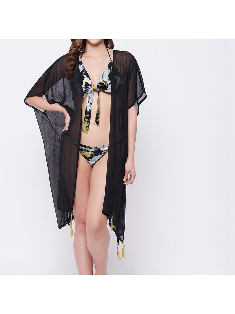 Secrets by Zerokaata Multi Print Halter Neck Bikini Set Set With Black Cover Up Dress