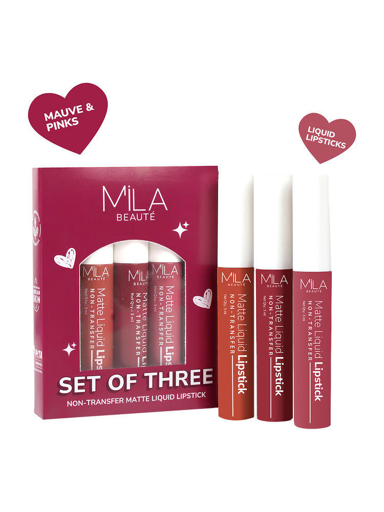 Mila Beauté Non Transfer Mauves & Pinks Liquid Lipstick Set Of 3 Matte Finish-picture-17