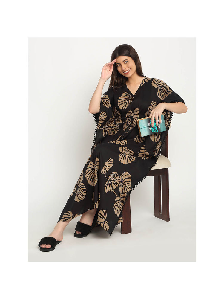 Sweet Dreams Black Floral Regular Fit Kaftan Night Dress-picture-23
