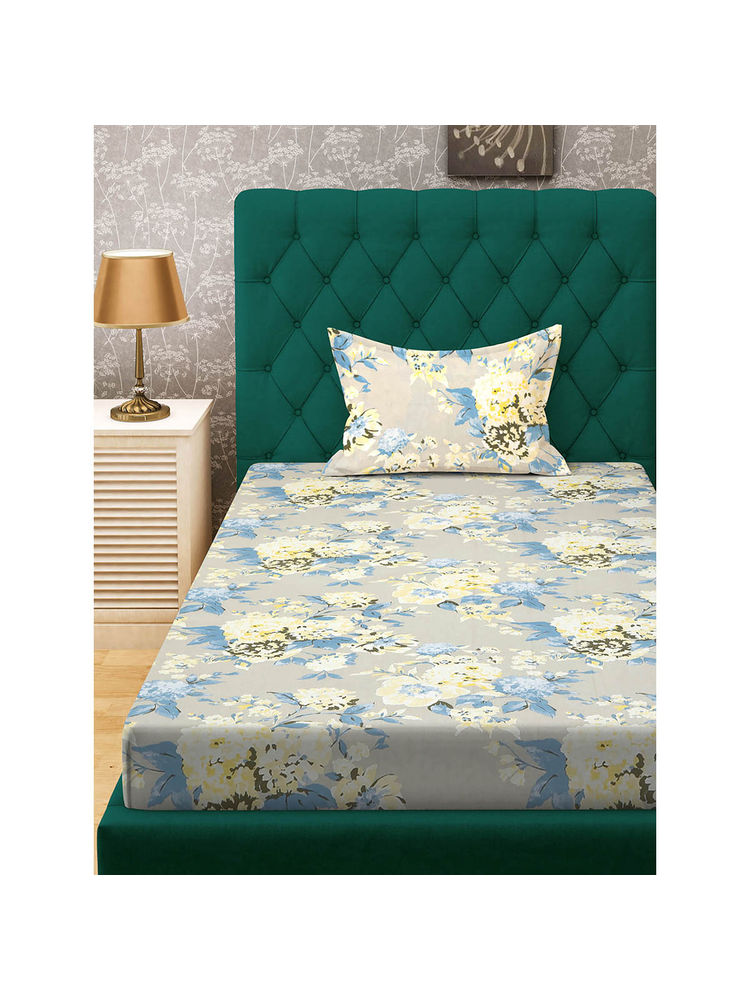 Rosara Home Beige Floral 144 Tc Single Bedsheet with Pillow Covers-picture-0