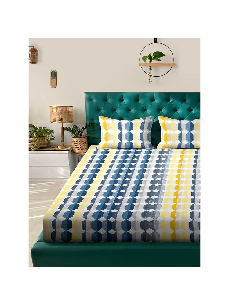 Rosara Home Blue Geometric 144 Tc Bedsheet with Pillow Covers-picture-13