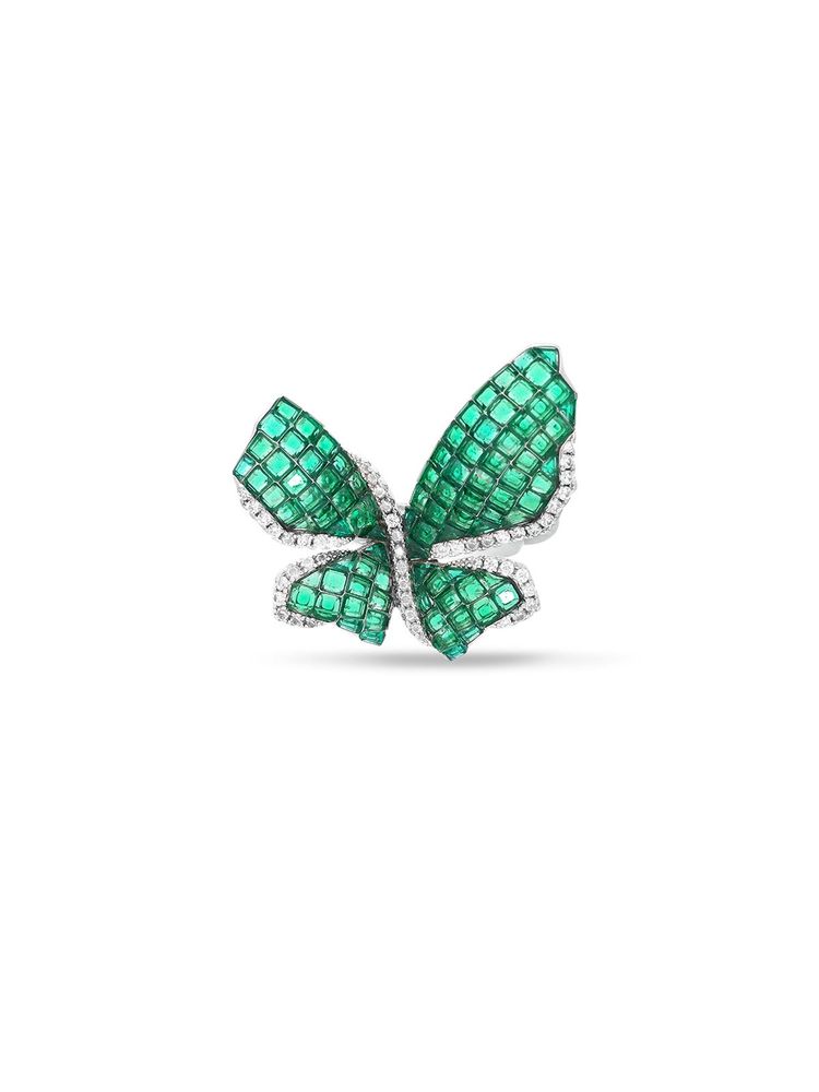 MISS JO Morpho Butterfly Silver Cocktail Ring In Green Size-image-2