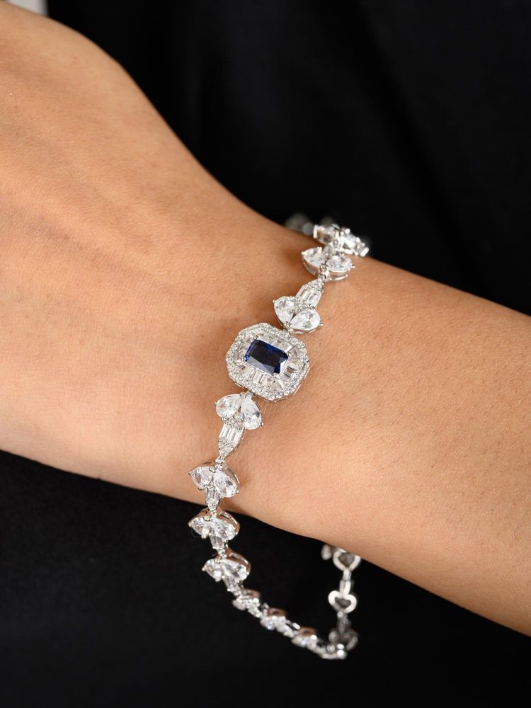 METALM Emerald Cut Blue Cz Diamond Tennis Bracelet In 925 Silver-picture-19