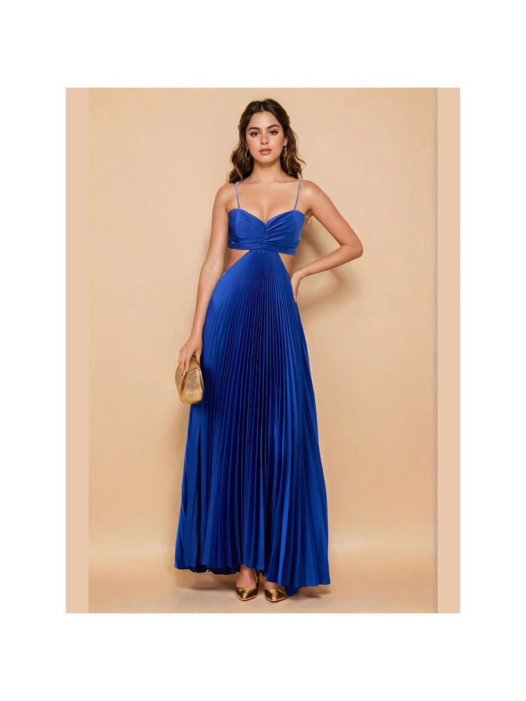 WomanLikeU Blue Pleated Maxi Dress-image-4