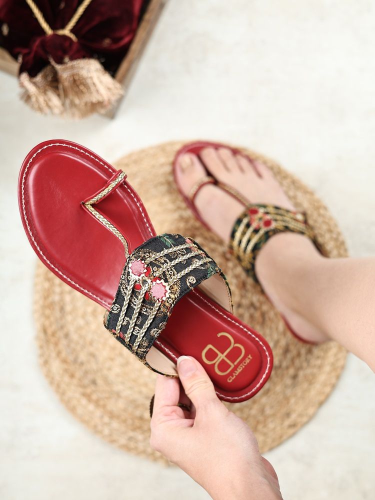 GLAM STORY Noorie Embroidered Black Kolhapuri Sandal Heels-image-23