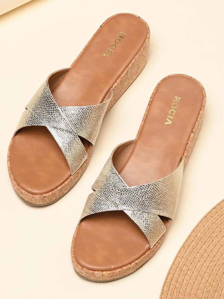 ROCIA By Regal Gold Women Shimmer Cross Strap Wedges Heels-image-48