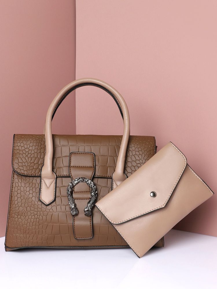 Haute Sauce Brown Textured Handbag with Pouch For Women-image-49