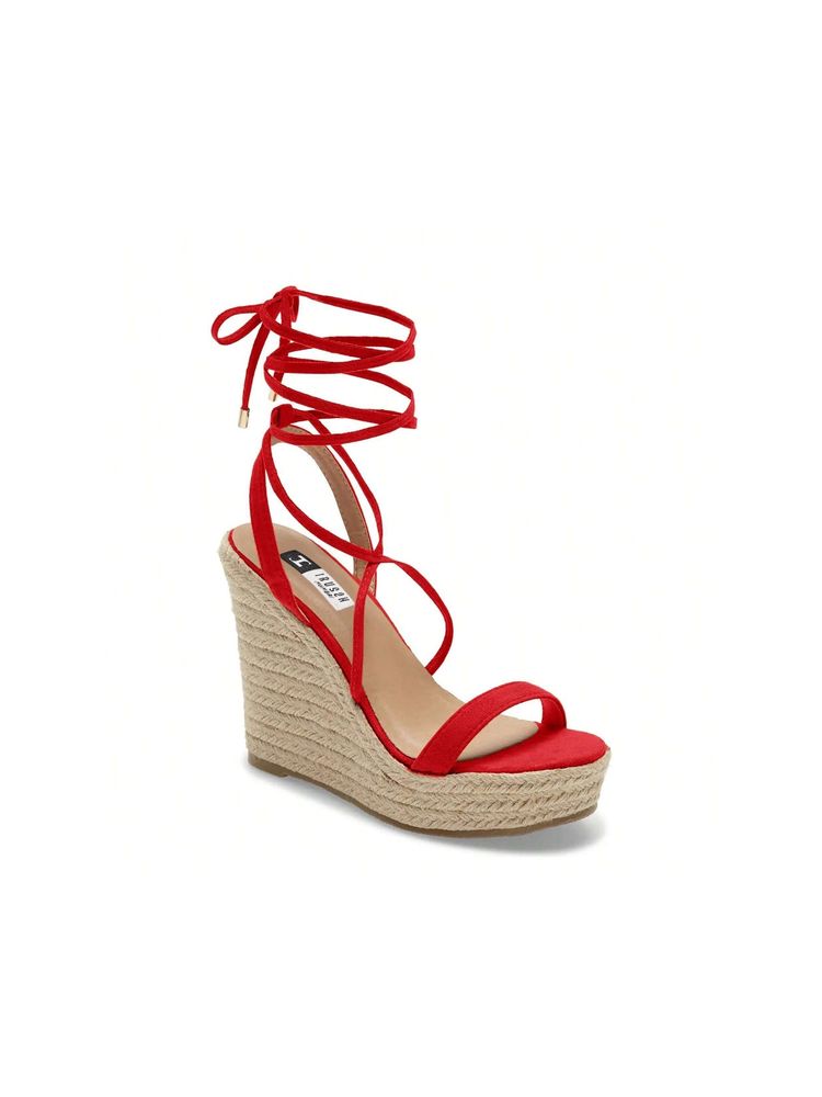 IRUSSH Bold Red Suede Strappy Lace-Up Wedges-picture-0
