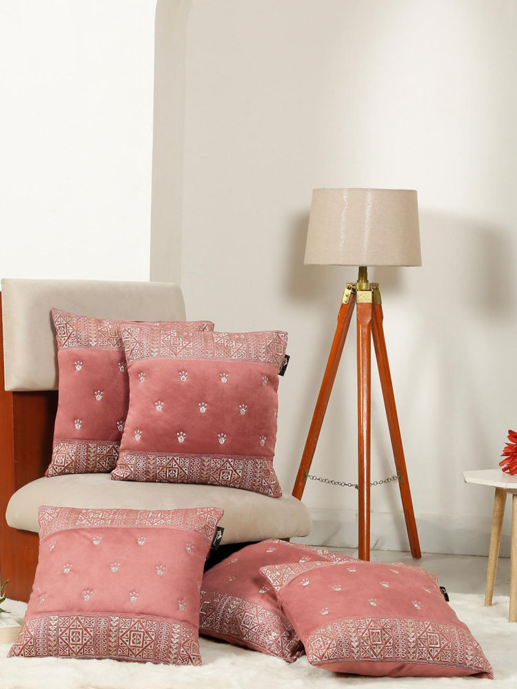 HOSTA HOMES Soft Velvet Geometric Embellished Cushion Covers Peach (Pack of 5) (16x16 Inches)-picture-5