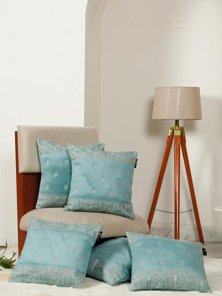 HOSTA HOMES Soft Velvet Geometric Embellished Cushion Covers Aqua (Pack of 5) (16x16 Inches)-picture-40