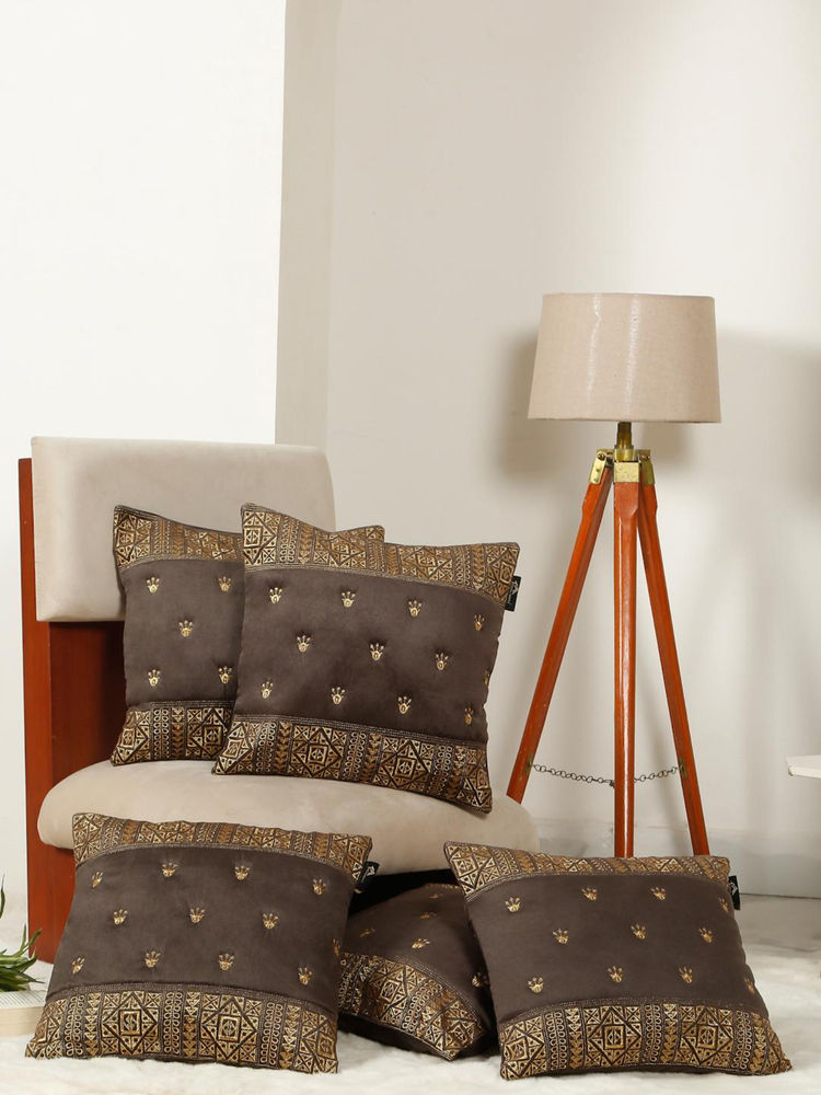 HOSTA HOMES Soft Velvet Geometric Embellished Cushion Covers Brown (Pack of 5) (16x16 Inches)-picture-44