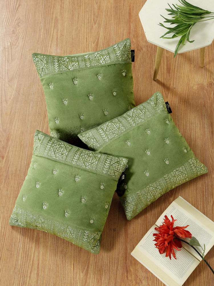 HOSTA HOMES Soft Velvet Geometric Embellished Cushion Covers Olive (Pack of 3) (16x16 Inches)-image-5