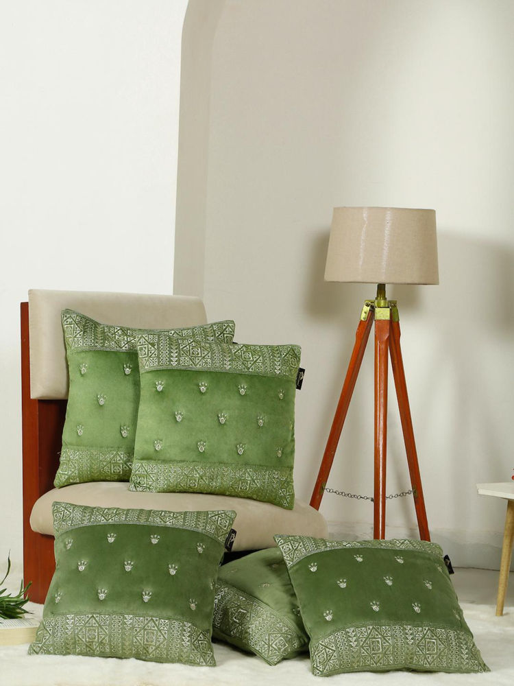 HOSTA HOMES Soft Velvet Geometric Embellished Cushion Covers Olive (Pack of 5) (16x16 Inches)-image-28