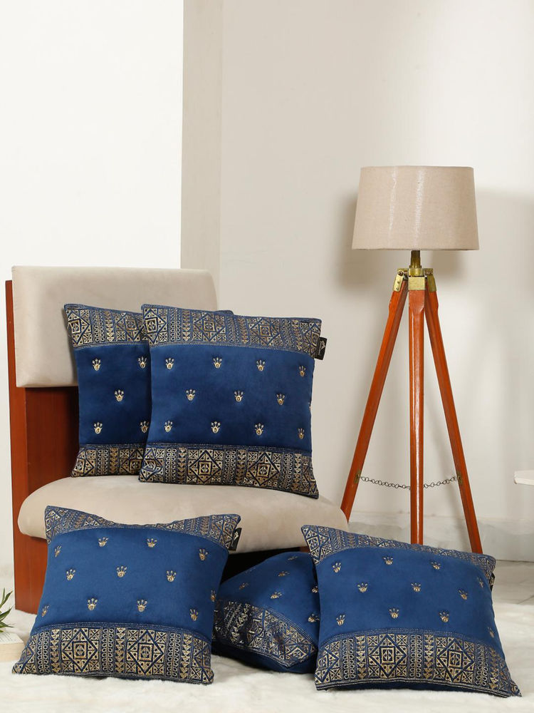 HOSTA HOMES Soft Velvet Geometric Embellished Cushion Covers Blue (Pack of 5) (16x16 Inches)-image-47